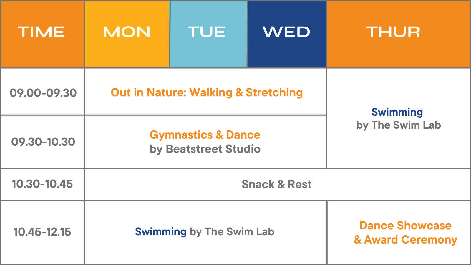 Camp Movement Preschool Track featuring Gymnastics, Dance and Swimming