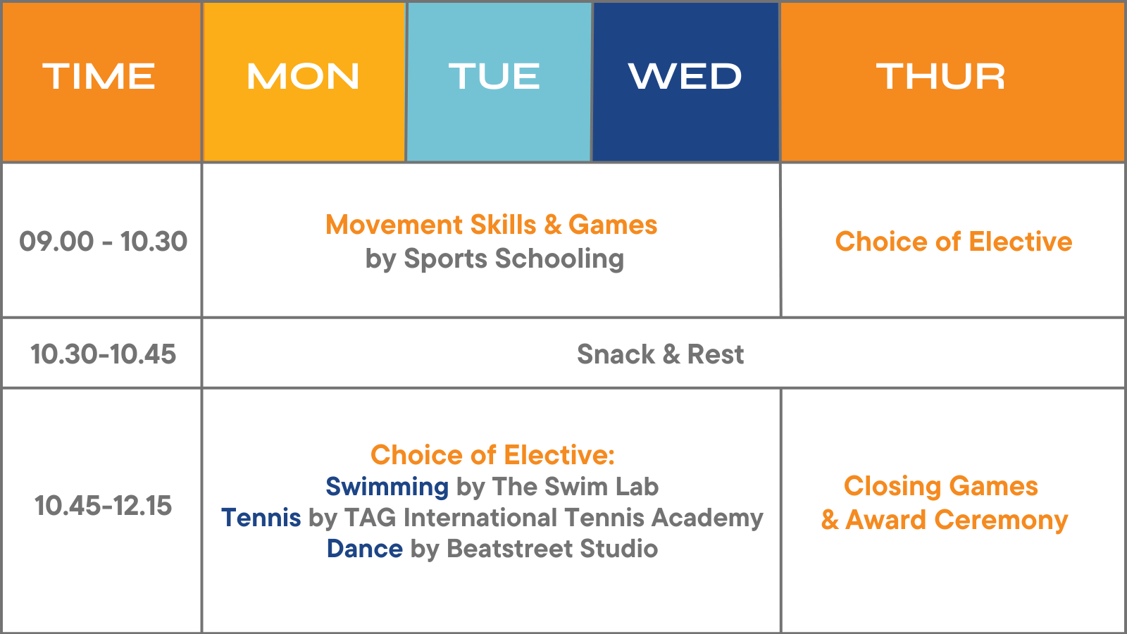 Camp Movement by Sports Schooling Junior Track Electives featuring Swimming, Tennis and Dance